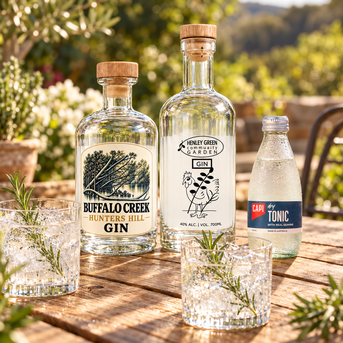 Serving suggestion: Local Roots gin duo with CAPI Dry Tonic and two iced rosemary-garnished tumblers on a garden table. Tonic and glassware not included.